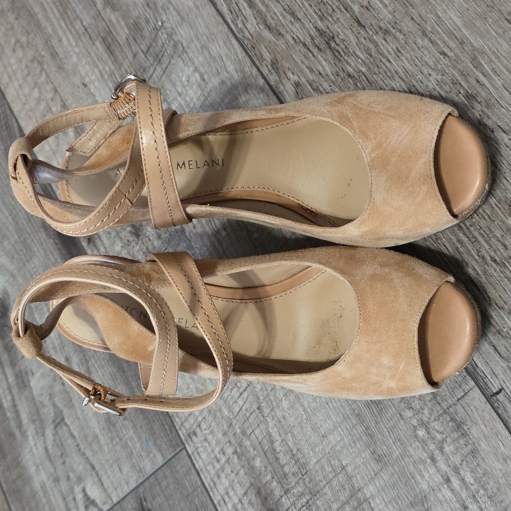 Antonio Melani Camel Tan Suede Leather Lace Wedge Heels Shoes - Picture 2 of 12